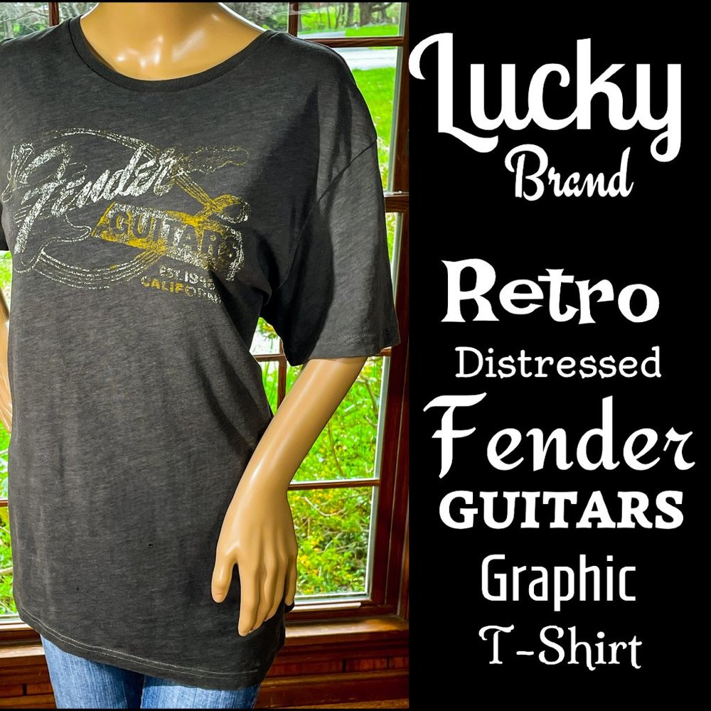 ▪️LUCKY BRAND▪️Retro Distressed FENDER GUITARS Graphic Unisex T-Shirt Tee